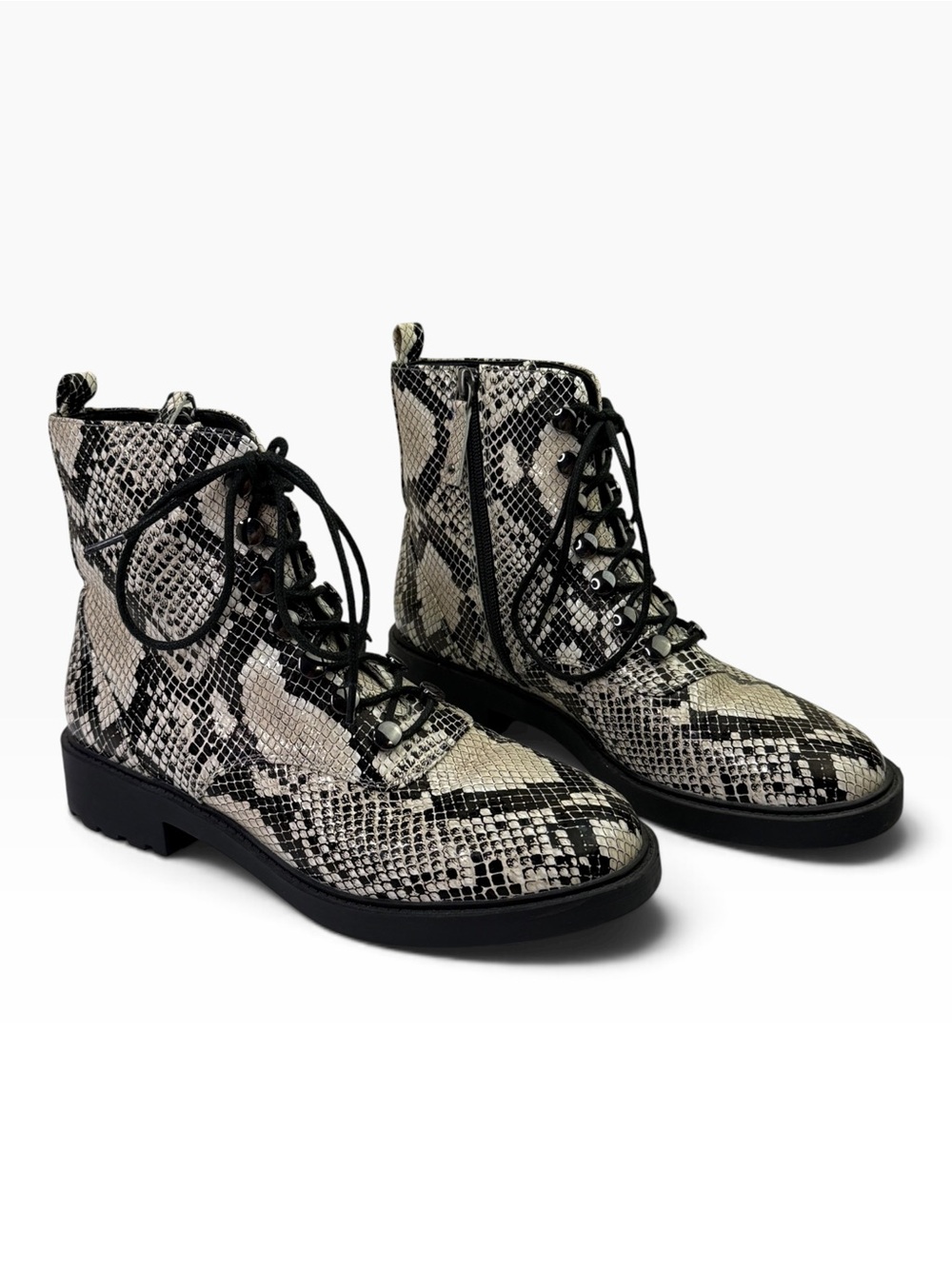 Linea Paolo Combat Boots Leather Snake Black Lace Up Boots Side Zipper Size 9